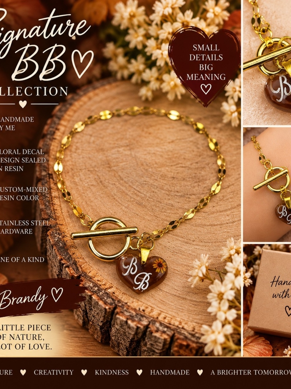 Handmade BB Signature Floral Resin Heart Bracelet – One of a Kind